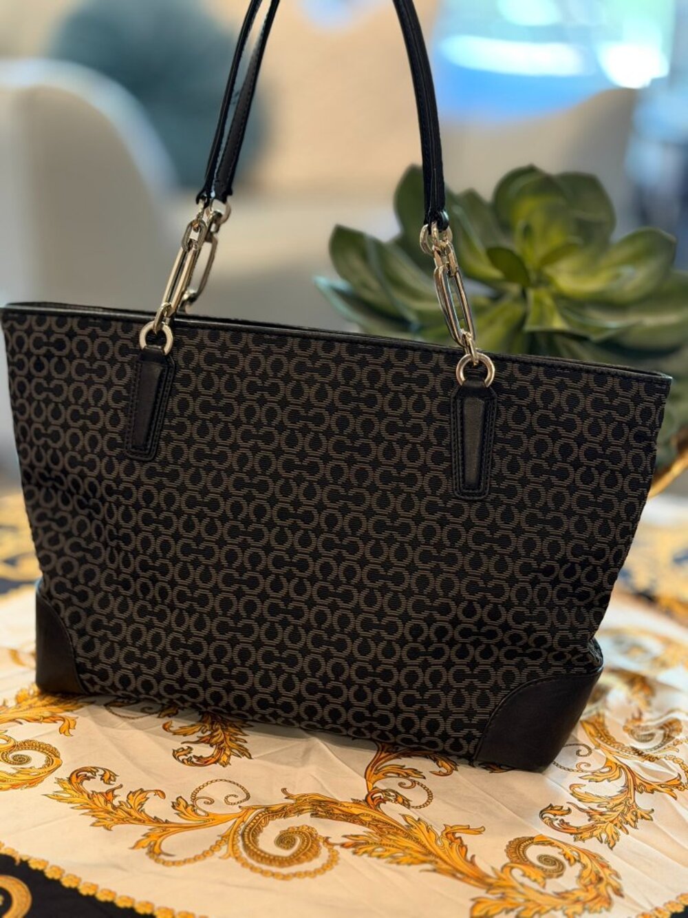 Coach Madison Op Art Needlepoint East/West Tote (Style Number: 26767) Black/Grey